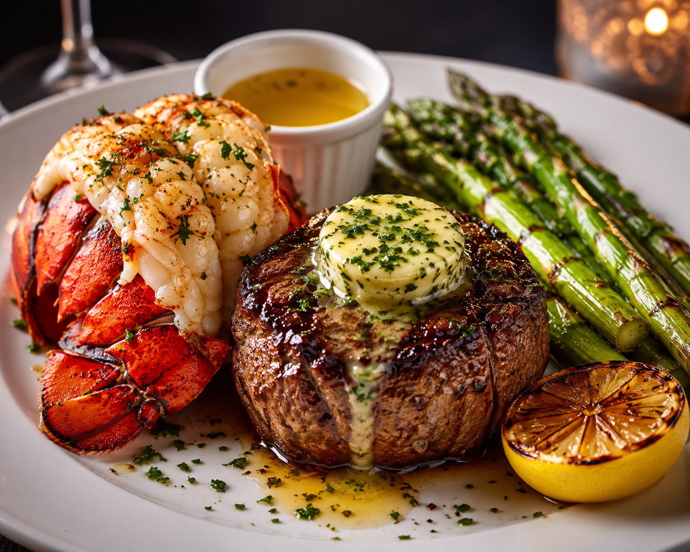 Chef-crafted surf and turf with filet mignon, melting herb compound butter, lobster tail, drawn butter, grilled asparagus and charred lemon