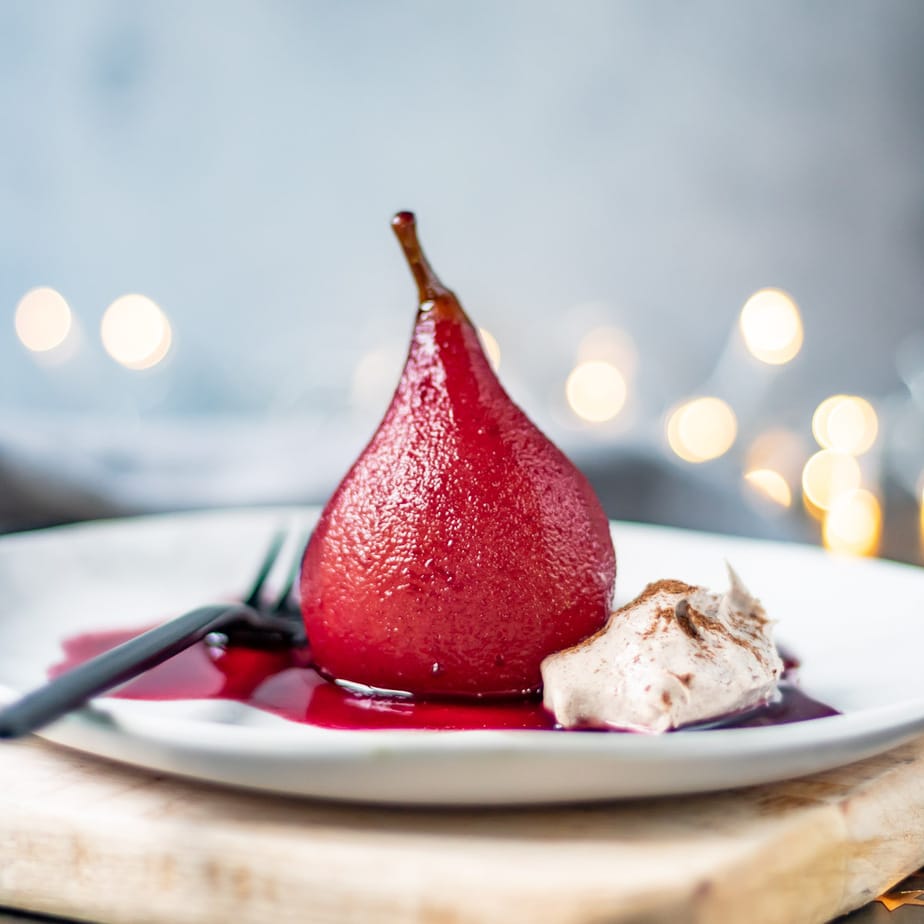 Red wine poached pear dessert