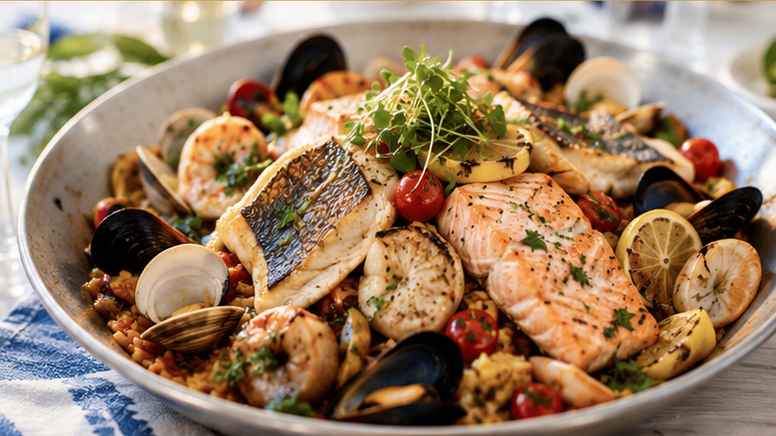 Elegant New England seafood feast with sea bass, cod, clams and shellfish